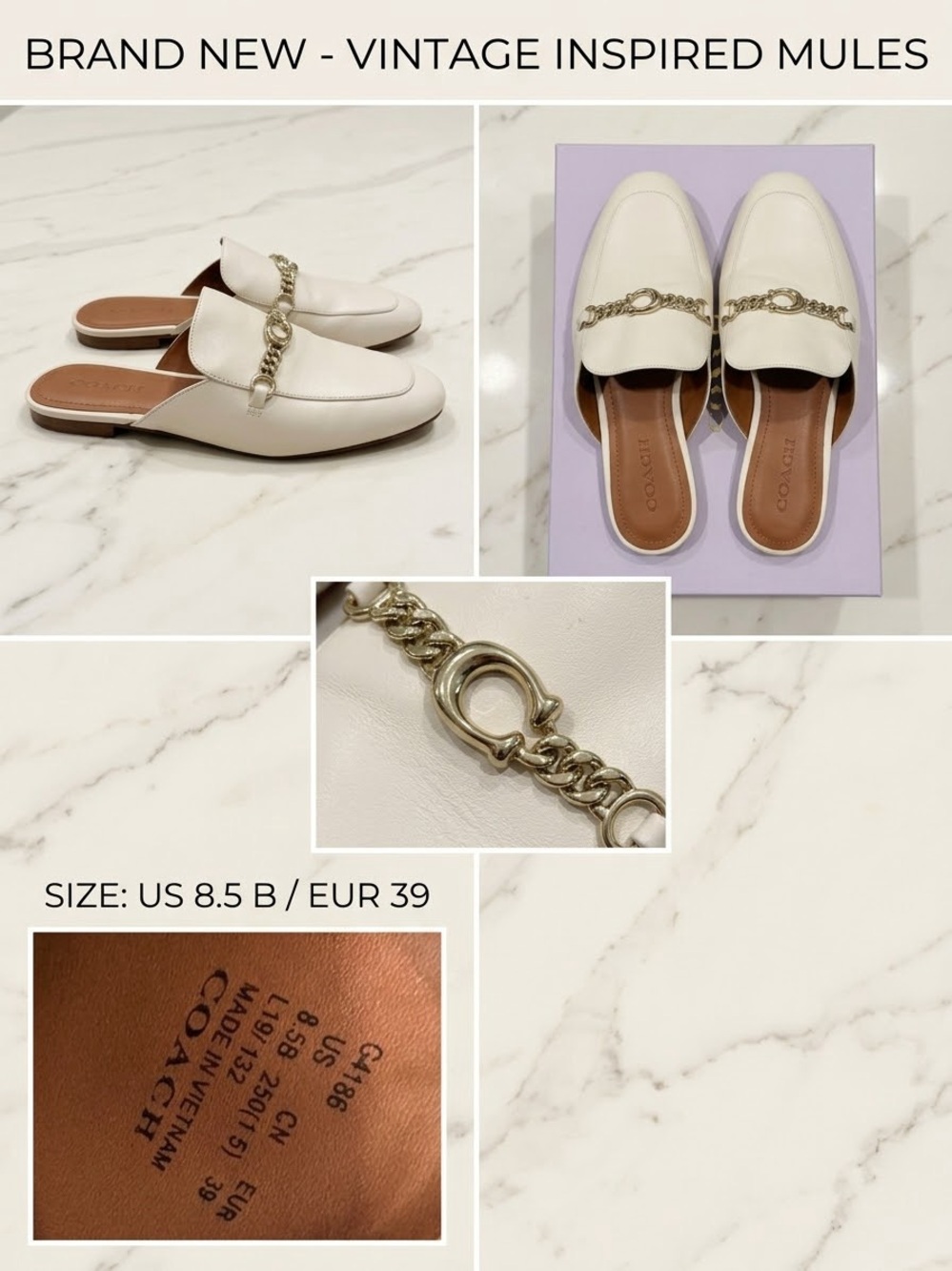 Coach Cream Leather Chain-Trim Slip-On Mules